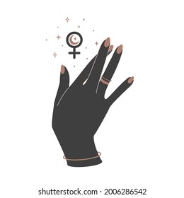 Alchemy esoteric mystical magic celestial talisman with woman hand with crossed fingers and female sign. Spiritual occultism object. Vector illustration