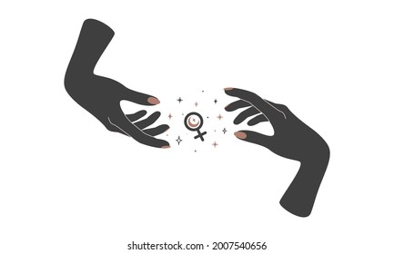 Alchemy esoteric mystical magic celestial talisman with woman hands with female sign. Spiritual object. Vector illustration