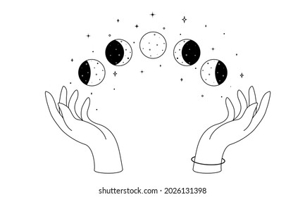 Alchemy esoteric mystical magic celestial talisman with woman hands and moon phases outline. Spiritual occultism object in simple linear style. Vector illustration