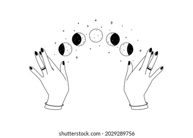 Alchemy esoteric mystical magic celestial symbol of moon cycle outline over woman hands. Spiritual occultism object in simple linear style. Vector illustration