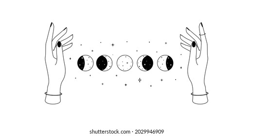 Alchemy esoteric mystical magic celestial symbol of woman hands and Moon phases outline. Spiritual occultism object in simple linear style. Vector illustration