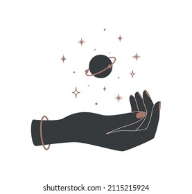 Alchemy Esoteric Mystical Magic Celestial Talisman With Woman Hands And Planet Saturn. Esoteric Mystical Silhouettes For Magic Witchcraft. Vector Illustration