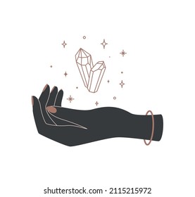 Alchemy Esoteric Mystical Magic Celestial Talisman With Woman Hands And Healing Crystal. Esoteric Mystical Silhouette For Magic Witchcraft. Vector Illustration