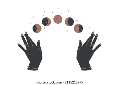 Alchemy Esoteric Mystical Magic Celestial Talisman With Woman Hands And Moon Phases. Esoteric Mystical Silhouettes For Magic Witchcraft. Vector Illustration