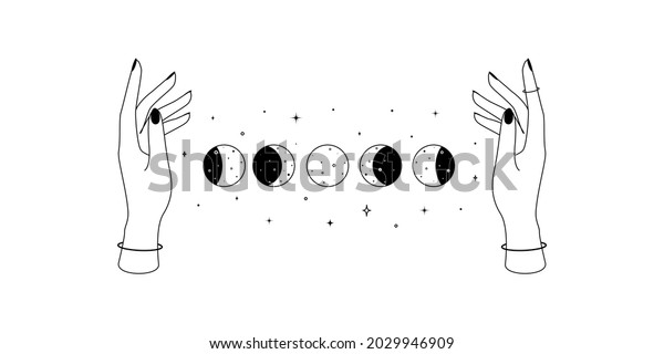 Alchemy esoteric mystical magic\
celestial symbol of woman hands and Moon phases outline. Spiritual\
occultism object in simple linear style. Vector\
illustration