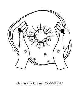 Alchemy esoteric mystical magic heavenly talisman with two female hands, sun, sacred geometry stars isolated. The object of spiritual occultism. Vector illustration in black outline style.