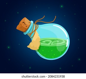 Alquimia Fantasy Icono de botella Diseño de juego Vector. Filtros de vidrio con poción química y corcho y trenzas y etiquetas en estilo de caricatura