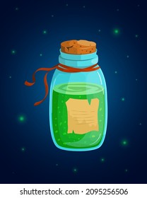 Alchemy Fantasy Bottle icon Vector game design. Glass phial with chemistry potion and cork caps and braid and label in cartoon style
