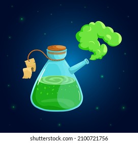 Alquimia Fantasy Icono de botella Diseño de juego Vector. Filtros de vidrio con poción química y corcho y trenzas y etiquetas en estilo de caricatura