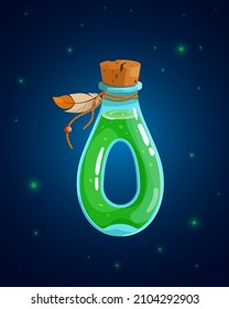 Alquimia Fantasy Icono de botella Diseño de juego Vector. Filtros de vidrio con poción química y corcho y trenzas y etiquetas en estilo de caricatura