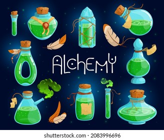 Diseño del juego de vectores de botellas de alquimia de fantasía. Iconos de sífilis de vidrio con poción verde química y corcho en estilo de dibujos animados