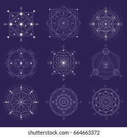 Alchemy Geometry Symbol Thin Line Set Religion Mystic Shapes on a Purple Background. Vector illustration