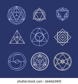 Alchemy Geometry Symbol Thin Line Set Mystical Web Elements for Design on a Blue Background. Vector illustration