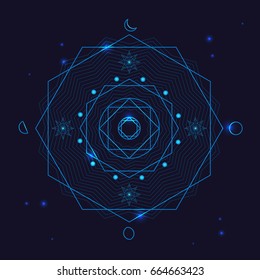 Symbol für die Geometrie der Alchemy Geometry, dünne Linie Mystic Polygon Zeichen auf blauem Hintergrund. Vektorillustration