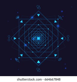 Alchemy Geometry Symbol Thin Line Occult Energy Form on a Blue Background. Vector illustration