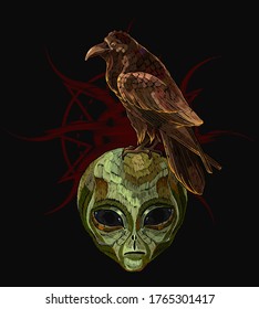 Alchemy. Gothic black raven and alien head. UFO art. Embroidery style. Tarot card. Esoteric concept. Template for clothes, t-shirt design 