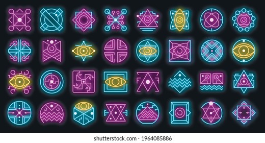 Alchemy icons set. Outline set of alchemy vector icons neon color on black
