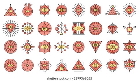Einstellung der Alchemiy-Symbole. Rahmenset für alchemische Vektorsymbole, dünne Linie, flach auf Weiß