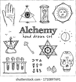 Alchemy isolated hand drawn doodles Vector set