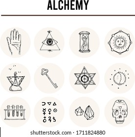 Alchemy isolated hand drawn doodles Vector set