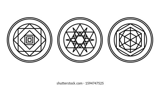 Alchemy isolated vector icon set. Round decorative ornament. Geometric lined shapes. Abstract logotype element. Zen, spirit, yoga, occultism symbol.