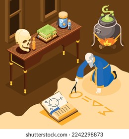 Alchemy isometric background with old alchemist drawing formula on floor in laboratory with boiling potion in cauldron and magical objects vector illustration