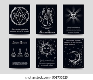 Alchemy and isoteric cards set. Black and white isoteric cards vector illustration