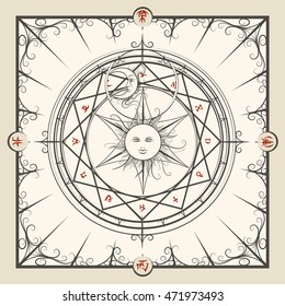 Alchemy magic circle. Mystic occult hermetic circle vector illustration