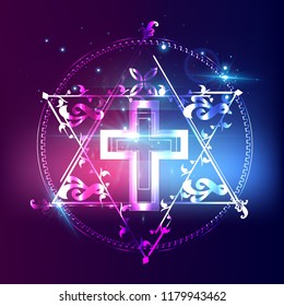 Alchemy magic circle on shining blue background. Vector illustration