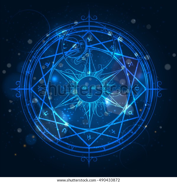 輝く青の背景に錬金術の魔法の円 ベクターイラスト のベクター画像素材 ロイヤリティフリー