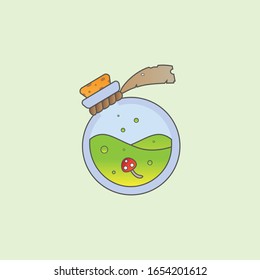 
Alquimia mágica poción verde gozo líquido en el matraz de alquimia 
champiñones flotan en un frasco 
excreción química 
icono del tubo de prueba de veneno sobre fondo verde