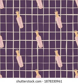 Alchemy magic seamless pattern with pink doodle potion bottles. Purple chequered background. Designed for fabric design, textile print, wrapping, cover. Vector illustration