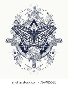 Alchemy, medieval religion, occultism, spirituality and esoteric tattoo. Magic butterfly t-shirt design. Roses and the ship's helm 