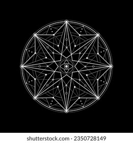 Alquimia, tatuaje espiritual de meditación. Pentagrama mágica de geometría sagrada. Occult, patrón de línea mística de yoga, icono de vector de contorno geométrico iluminado, espiritualidad de masón y meditación o adorno de misterio