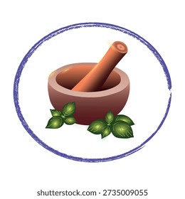 Alchemy Mortar and Pestle Icon in Circular Frame on Light Background, Game Crafting UI