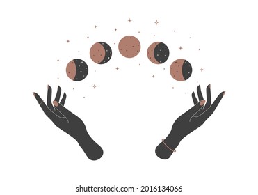 Alchemy mystical magic celestial talisman with woman hands and moon phases. Spiritual esoteric crescent. Vector illustration.