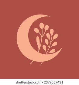 Alchemy mystical magic clip art with crescent, plants, berries, leaves. Vector abstract esoteric illustration for tattoo boho, print, sticker, decoration, wall art, card, merch design.