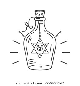 alchemy mystical one eye tied and hung in old bottle line vector illustration concept design template web