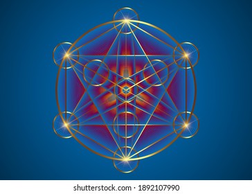 Alchemy occult Mandala, Metatrons Cube, Flower of Life. Gold Sacred geometry, graphic element magic hexagram. Vector Mystic platonic solids, geometric drawing, typical crop circles on blue background