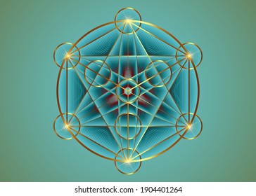 La alquimia oculta Mandala, Cubo de Metatrones, Flor de vida. Geometría sagrada de oro, hexagrama de elementos gráficos. Vector Sólidos platónicos místicos, dibujo geométrico, círculos de cultivo sobre fondo azul vintage