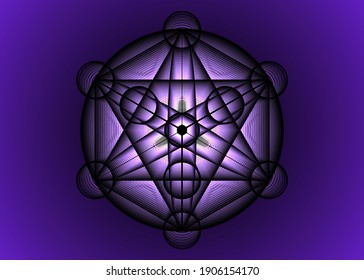 Alchemy occult Mandala, Metatrons Cube, Flower of Life. Sacred geometry, graphic element magic hexagram. Vector Mystic platonic solids, geometric drawing, crop circles on vintage purple background
