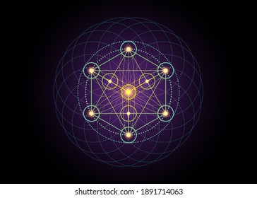 Alchemy occult sign, Metatrons Cube, Flower of Life. Sacred geometry, graphic element magic hexagram. Vector Mystic icon platonic solids, geometric drawing, typical crop circles on purple background