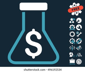 Alchemy pictograph with bonus tools clip art. Vector illustration style is flat iconic bicolor symbols, blue and white colors, dark blue background.