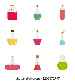 Alchemy potion icon set. Flat set of 9 alchemy potion vector icons for web design