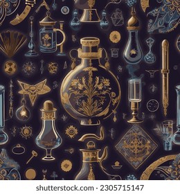 Alchemy seamless pattern. Abstract background with hand-drawn sketches, ancient alchemical symbols. Mystical esoteric background for design of fabric, packaging, astrology, phone case, wrapping paper