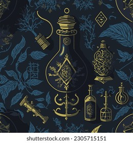 Alchemy seamless pattern. Abstract background with hand-drawn sketches, ancient alchemical symbols. Mystical esoteric background for design of fabric, packaging, astrology, phone case, wrapping paper