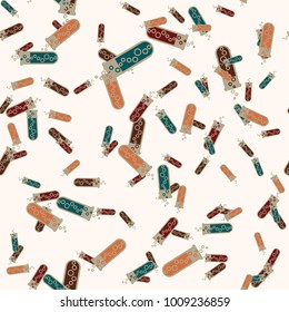 Alchemy seamless pattern background with bottles. Backdrop with cute laboratory bottles. Cartoon chemistry illustration. Magic liquid.