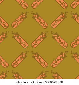 Alchemy seamless pattern background with bottles. Backdrop with cute laboratory bottles. Cartoon chemistry illustration. Magic liquid.