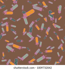 Alchemy seamless pattern background with bottles. Backdrop with cute laboratory bottles. Cartoon chemistry illustration. Magic liquid.
