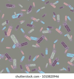 Alchemy seamless pattern background with bottles. Backdrop with cute laboratory bottles. Cartoon chemistry illustration. Magic liquid.